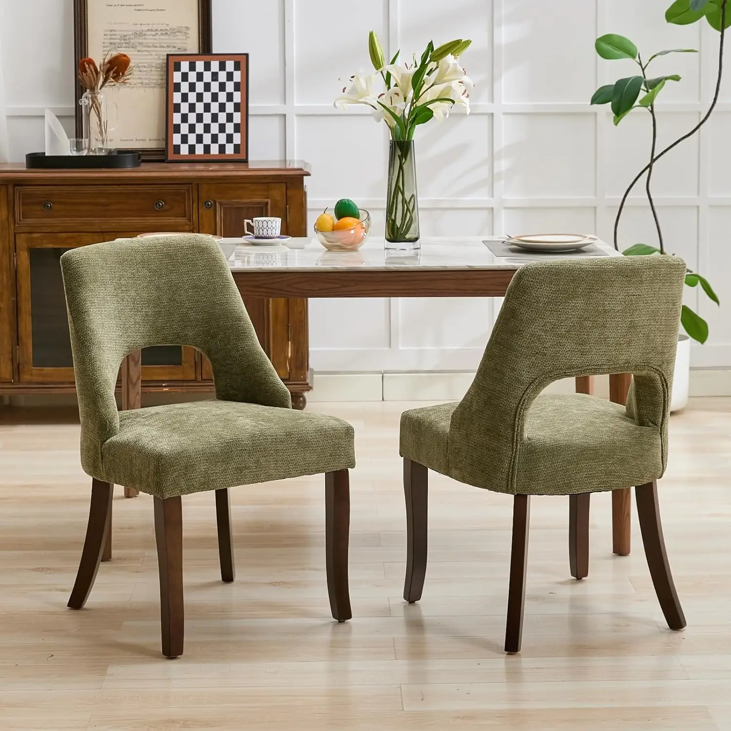 Mid Century Upholstered Dining Chairs Set of 2 Solid Wood Legs Kitchen ...