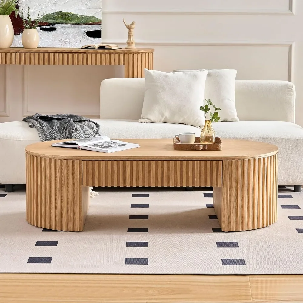 51.18''W Fluted Drum Coffee Table with Drawer, Modern Contemporary Pedestal Tables Oval Accent End Table, No Assembly Request 3