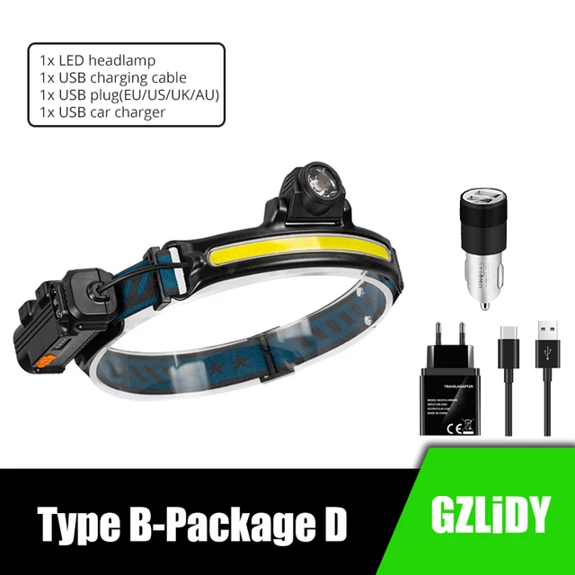 IR Sensor LED Headlamp Powerful XPG+COB Headlight 2000mAh 18650 USB Head Lamp Portable Floodlight Flashlight Waterproof Lantern Type B-Package D