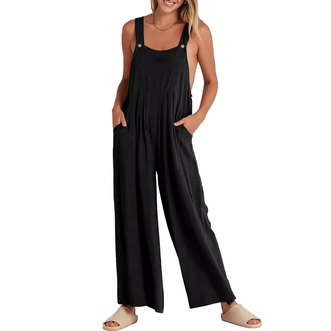 Jumpsuit ladies solid color loose casual cotton and linen suspenders jumpsuit simple commuting style, comfortable and casual