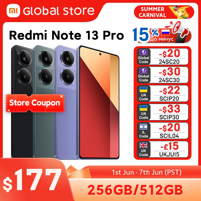 Xiaomi-Smartphone Redmi Note 13 Pro, Versão Global, 4G, MTK Helio G99-Ultra, Display AMOLED de 6,67 