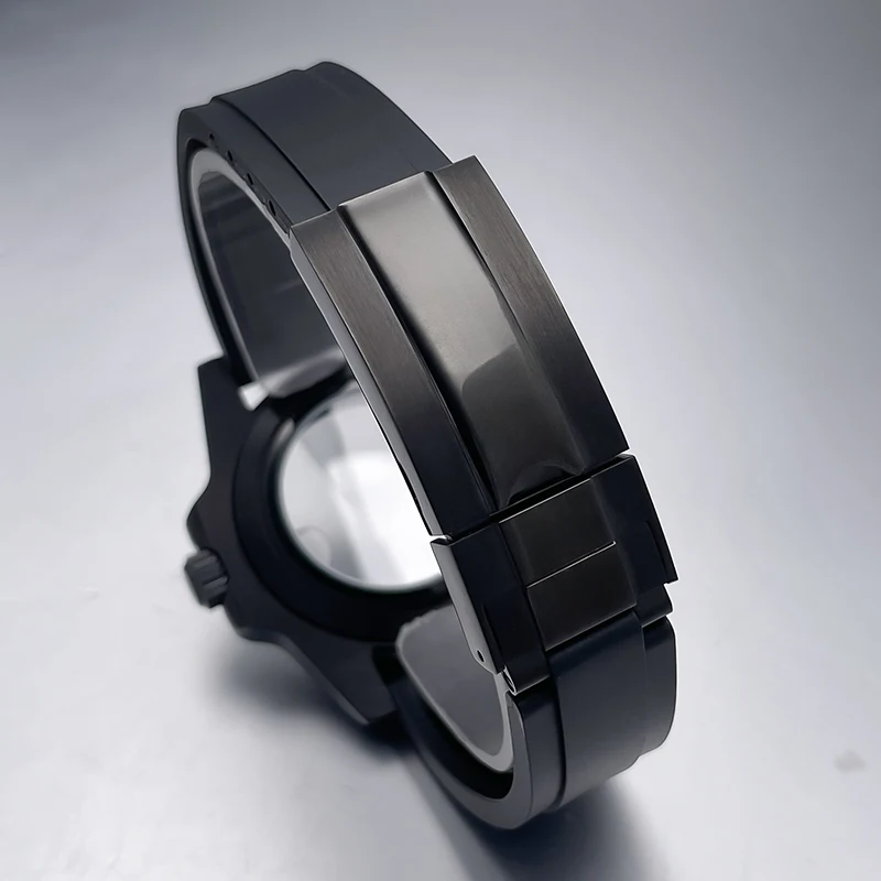 All-Black Sub Style Watch Case with Rubber Strap and Sapphire Crystal