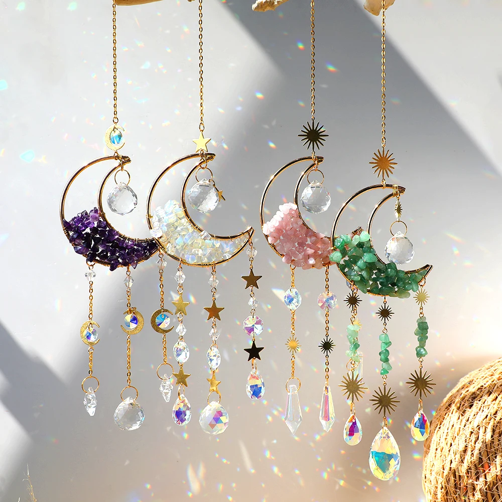 Crystal Moon Amethyst Rainbow Suncatcher Hanging Crystals Stone Sun