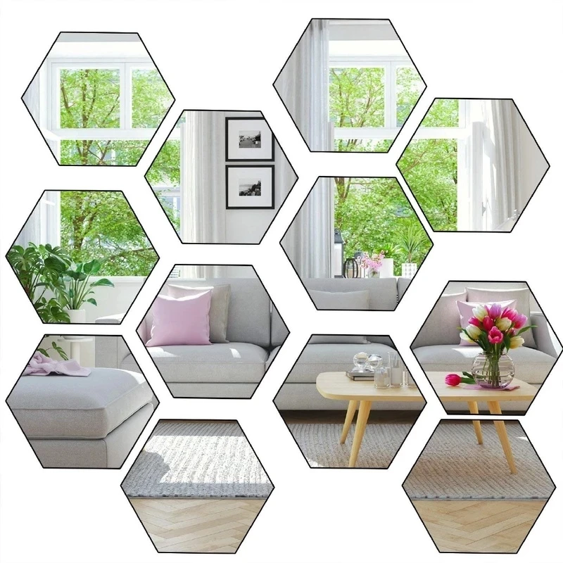 Mirror Wall Sticker 12pcs 3D Mirror Wall Stickers Hexagon Acrylic Self Adhesive Mosaic Tiles Decals Removable Wall Sticker DIY Home Decor Art Mirror