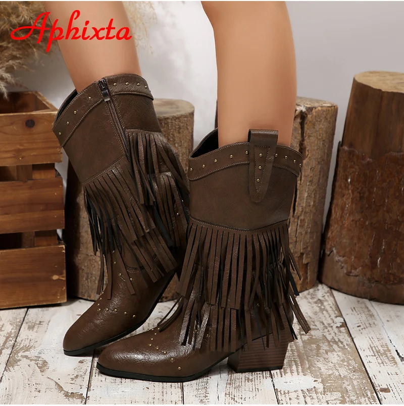 Aphixta Mid-Calf Boots 6cm Square Heel Tassel Design Back Zip Woman Shoes Rivets Fringe Pointed Toe Brown Big Size 43 Boot