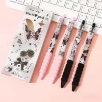 4Pcs Butterfly Rose Gel Pens Set, 0.5mm Fine Point Floral Print Ballpoint Pens for Office Daily Writing Journal Stationery Gift 5