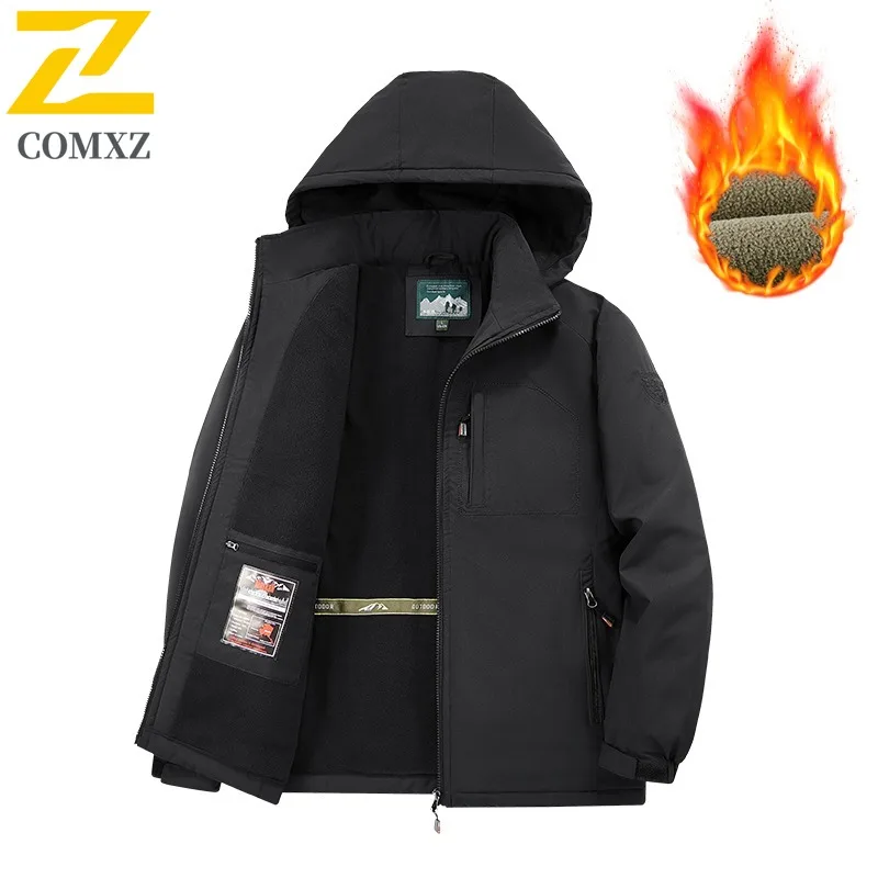 Workwear Style Mid Length Jacket for Men Plush Lined Windbreaker Cold Weather Windproof Multi Pocket Design Outdoor Casual Parka