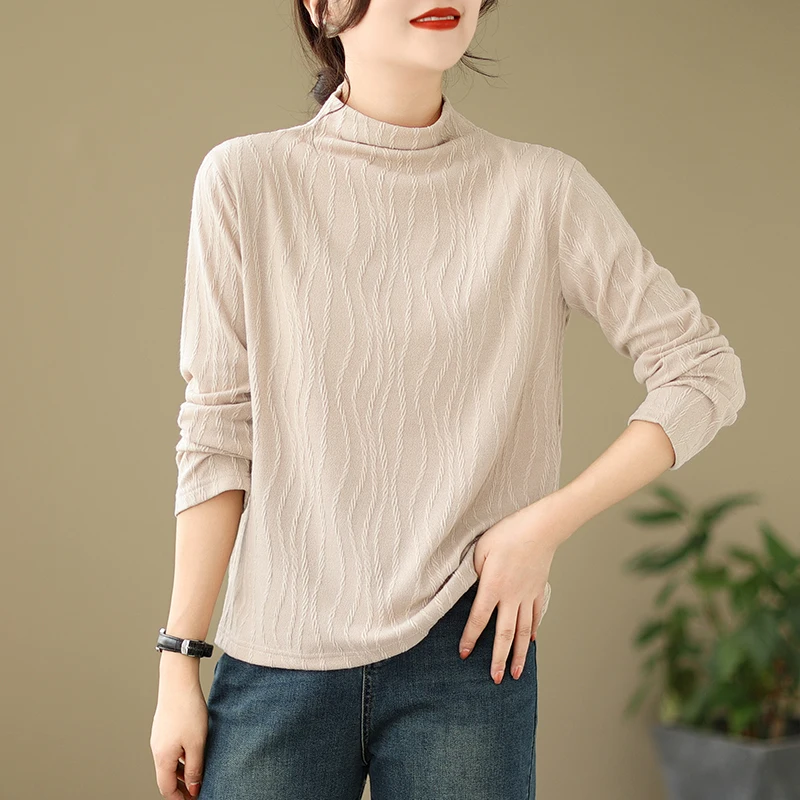 

Women Jacquard Thin T-shirts Winter Fall Fashion Solid Color Female Elegance Long Sleeve Simple Basic Slim Casual Pullover Tops