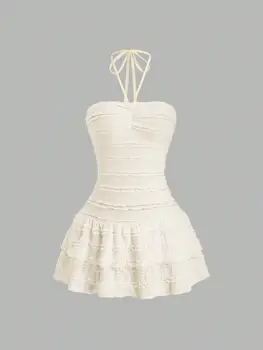 Ladies Solid Color High Elastic Fabric Backless Neckline Mini Skirt with Hem Ruffle Design Elegant Casual Style 1