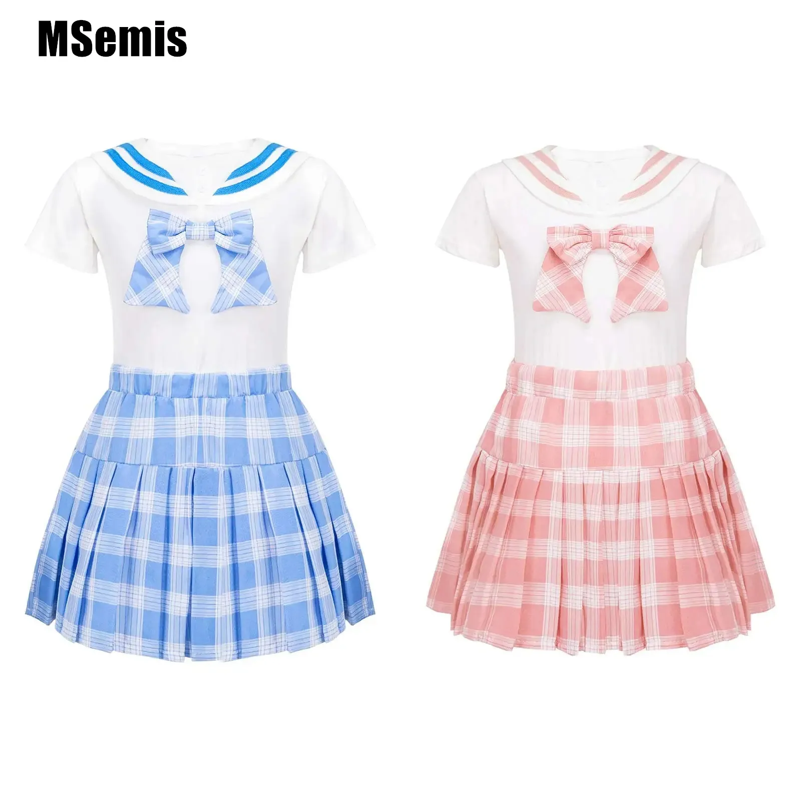 

Baby Girls Short Sleeve Set Striped Turndown Collar Bowknot Decorated Rabbit Ears Top with Elastic Waistband Plaid Pleated Skirt