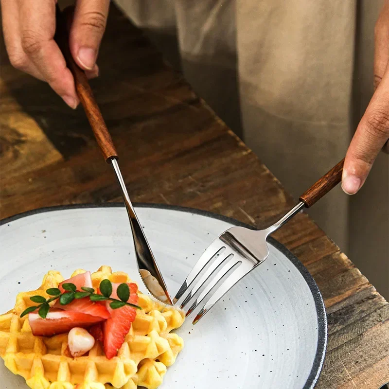 Vintage Rosewood Handle Steak Main Dinner Knife Fork Spoon Stainless Steel Tableware Hotel Light Luxury Dinnerware Set