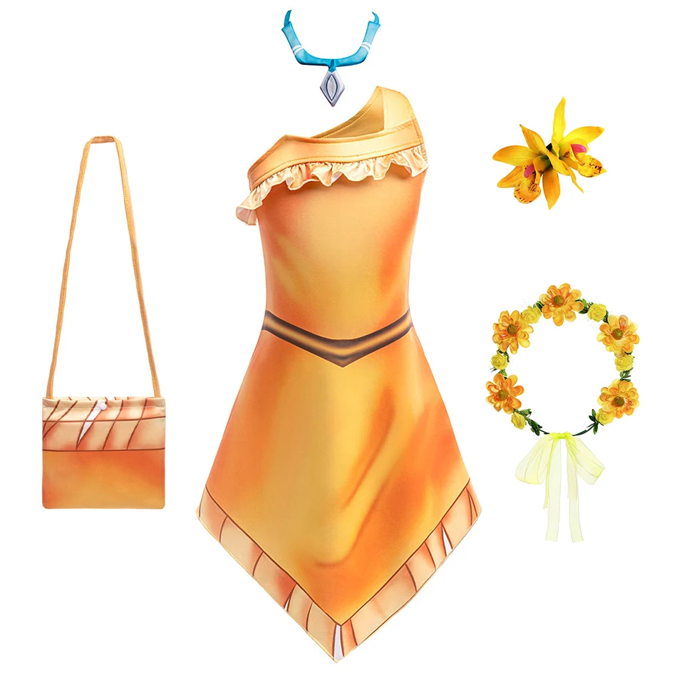 Mädchen Cosplay Cartoon Indianer-Prinzessin Kleid Halloween Verkleidung Kleider Halskette Strand-Set Pocahontas Festival Rollenspiel Kostüme
