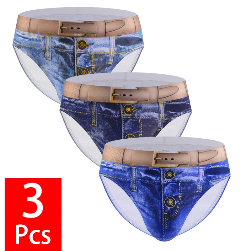 

3PCS/lot Men Denim Underwear 3D Print Sexy Panties Jeans Style Shorts Boxers Cowboy U Convex Pouch Cotton Breathable Underpants