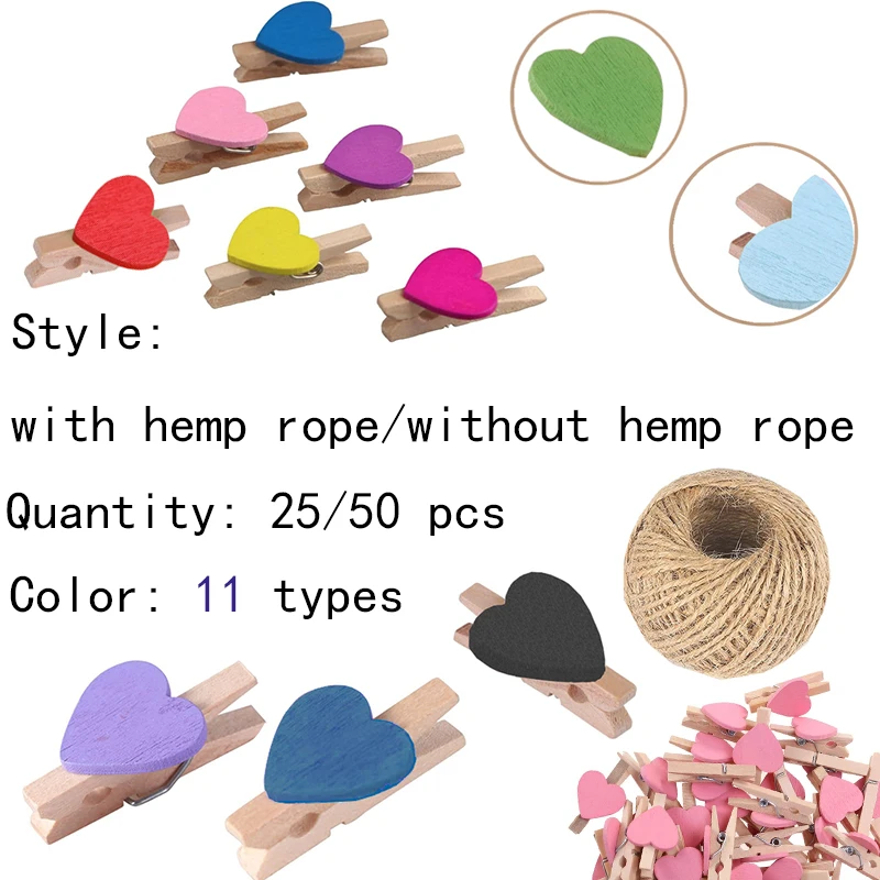 25/50 Stück Mini-Herz-Wäscheklammern, bunte Foto-Clips aus Holz mit Schnur für Bastelarbeiten, Hochzeit, Babyparty-Dekoration, 3 cm