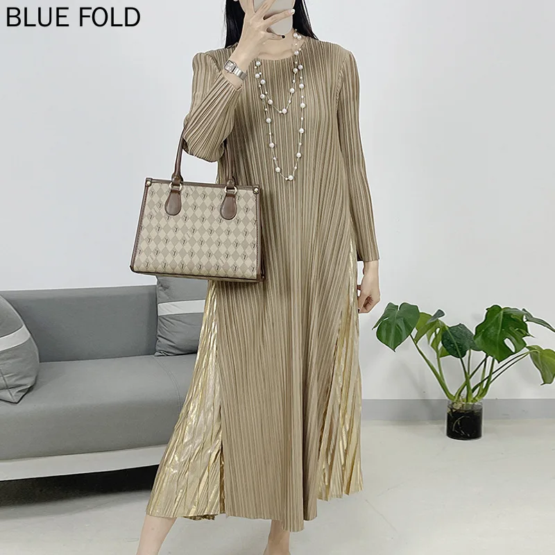 

MIYAKE New Pleated Casual Oversized Gilded Long Sleeved Dress for Women's Versatile Temperament and Slimming Pleats Clothing