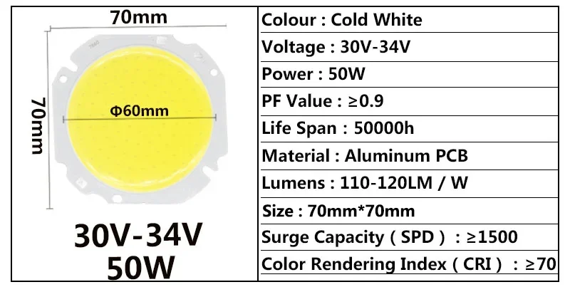 30W 50W Hochleistungs-LED Runde COB-Lichtperlen 30-34V 60MM LED-Lampenperle LED-Birnenchip Spot-Licht Downlight Diodenlampen Kaltweiß – Detail 3