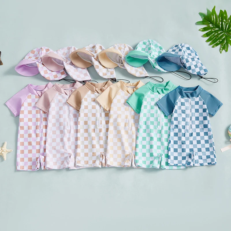 6 Colors Kids Boys Girls Short Sleeve Swimwear Casual Plaid Print Zipper Rash Guard Swimsuits with Hat Beachwear Bathing Suits
