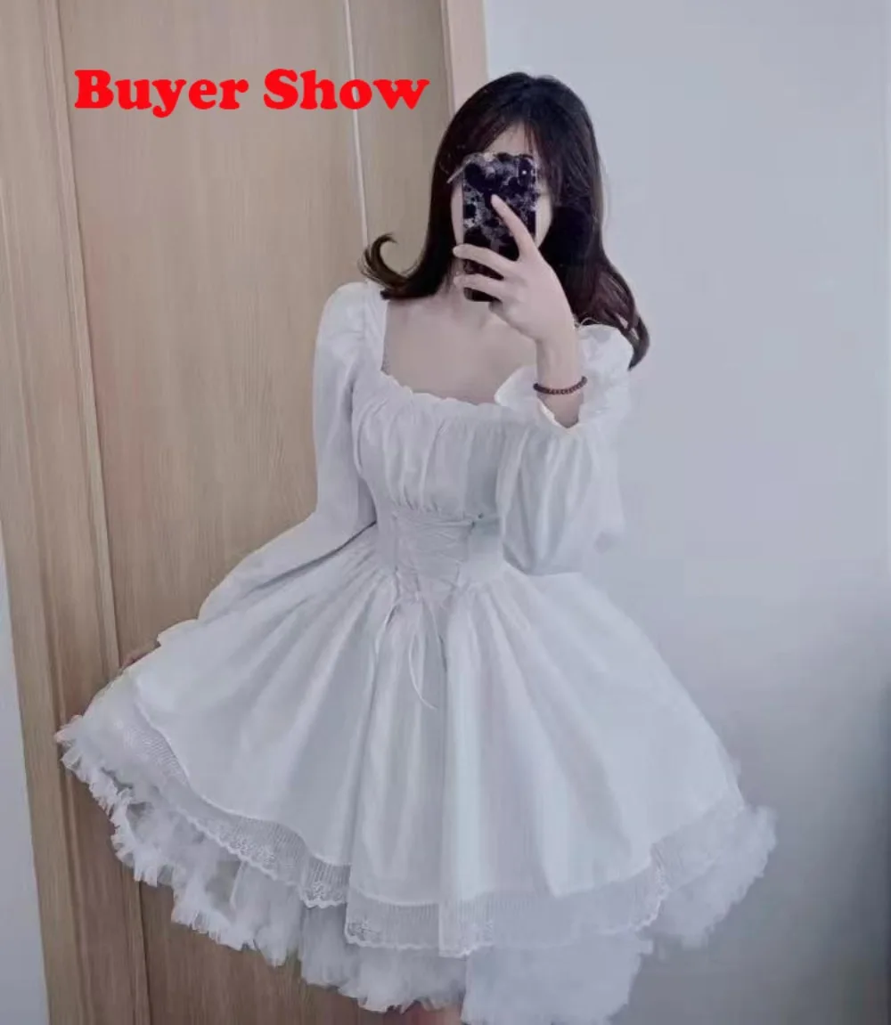 Vintage Gothic Dark Black Dress Japanese Harajuku Sweet Lolita Streetwear Square Neck Lace Women Lolita Dress White Long Sleeve