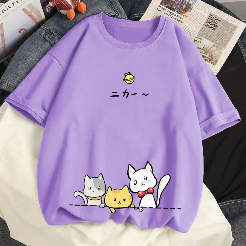 Cotton Cute Cat T Shirt Loose Size Short Sleeve T-shirt Summer Girl Student Top Tees T-shirt Women Clothing Plus 35-100kg petite maternity clothes