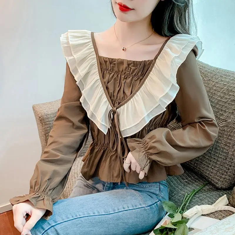 

Autumn Long Sleeved O-neck Tops Shirt Women Casual Ruffled Chiffon Blouse Office Blouses Feminine Elegantes Ladies Blouse F59