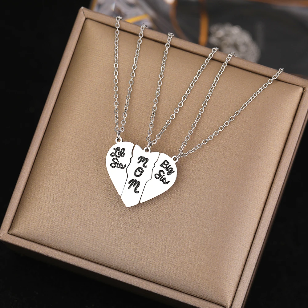 Stainless Steel Necklaces Big Sis Lil Sis Mom Puzzle Heart Pendants 3 Pcs Set Mother s