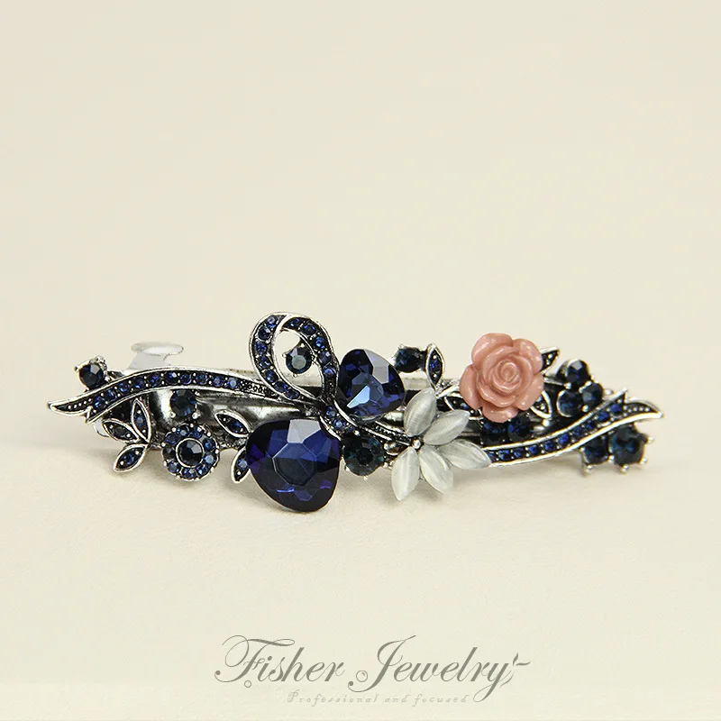 Hair Clip Red Crystal Flower Bow Spring Vintage Ink Blue Rhinestone