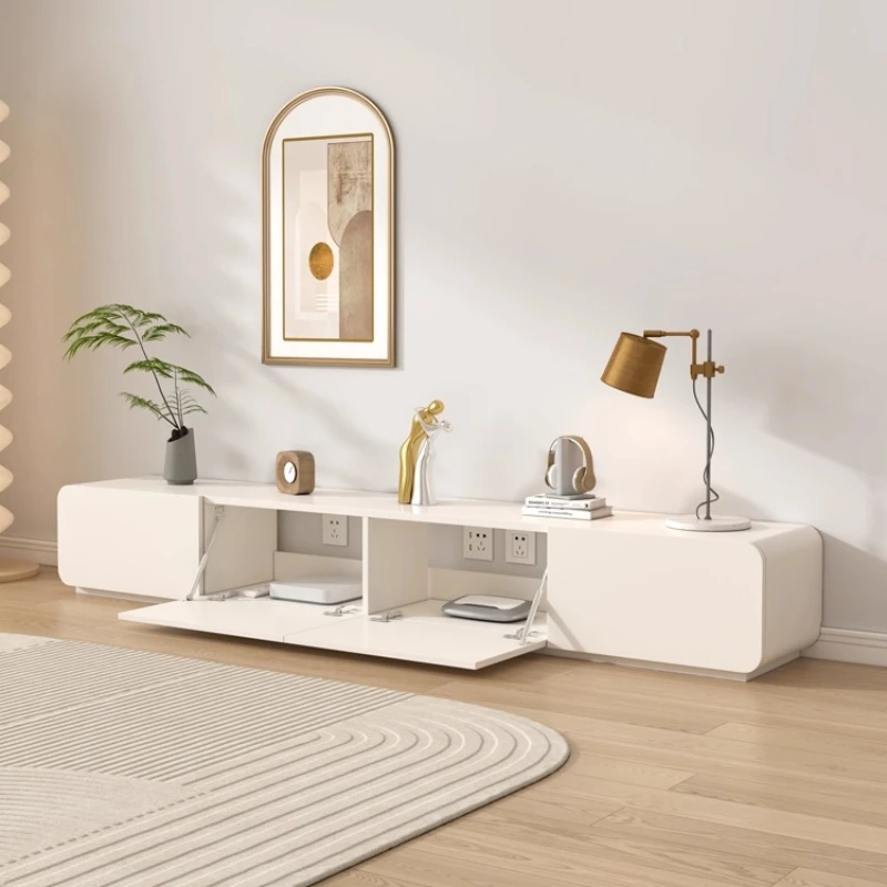 Solid Wood Cream Style TV Stand Coffee Table Modern Minimalist Small Space Lacquered Floor Standing Rounded Corners Customizable