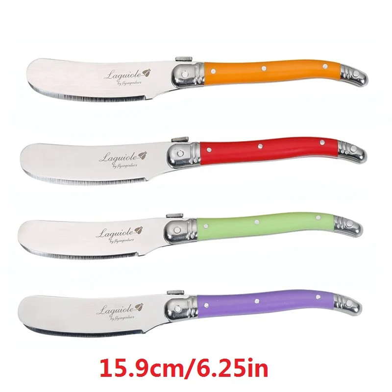 Description Picture 6 of item1/4/6pcs 6.25inch Laguiole Butter Knife Rainbow Plastic Handle Colorful Cheese Spreader Cutter Stainless Steel Dinnerware Set