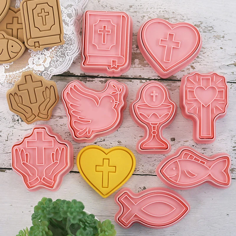 Cookie Cutter 8Pcs Christian Communion Cookie Cutter Plastic 3D Cartoon Cross Love Fish Chalice Pressable Biscuit Stamps Mold Cake Decoration