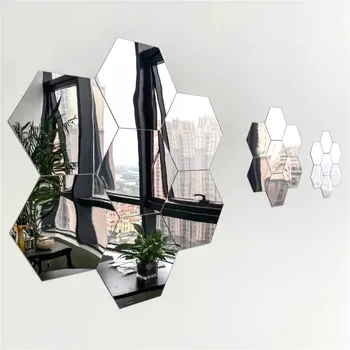 12pcs Hexagon Mirror Wall Stickers Acrylic Self Adhesive Gold Silver Black Tiles Decals Diy Household Decorative Sticker 4x4.6cm 3