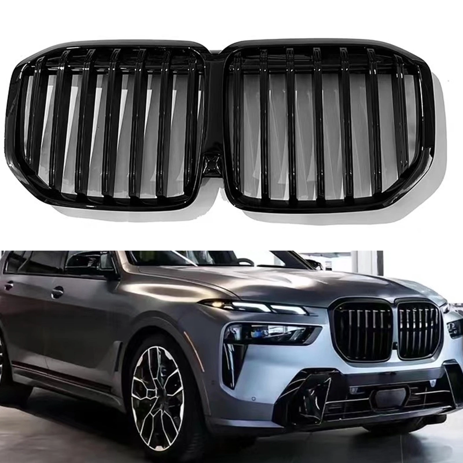 

Car Front Kidney Grille Upper Bumper Hood Mesh Grill Single Line w/ Camera Hole For BMW X7 G07 2023 2024