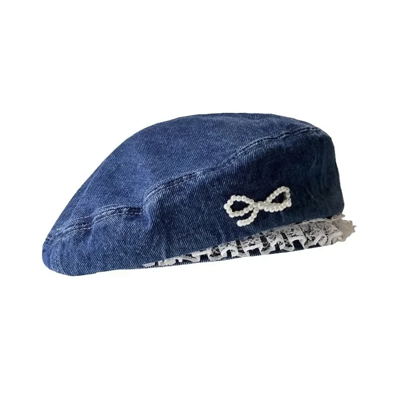 Denim Pearl Bow Kont Beret Cap Korean Vintage Y2k Lace Hat Summer Designer Female Thin Denim Beach Travel Sunscreen Painter Cap 5