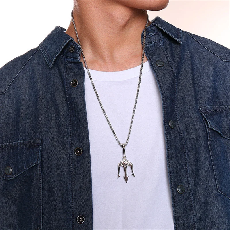 Male Mens Grey Poseidon Trident Necklace Pendant Neptune Greek Charm  Necklace