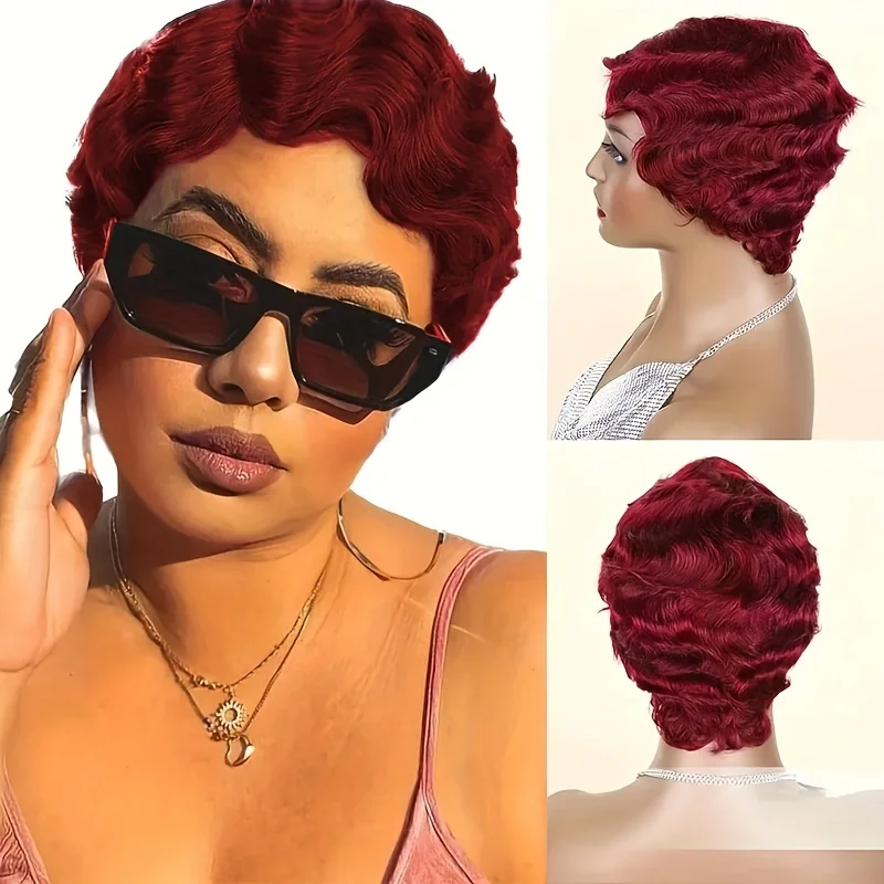 Short Pixie Cut Wig Human Hair Blonde Burgundy For Black Women Wig Brazilian Human Hair Wigs Machine Made Finger Ocean Wave