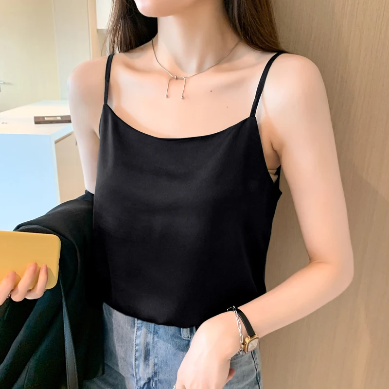 Camiseta Sin Mangas Para Mujer 2025 - Cuello En V, Tejido Tipo Seda/satén, Verano, Básica, Para Leggings O Vaqueros