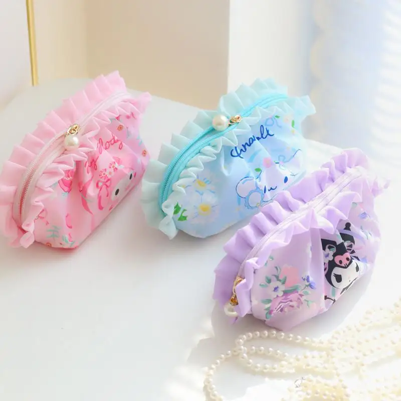 

Sanrio MyMelody Cinnamorol Kuromi Lotus Leaf Fungus Lace Japanese Large Capacity Cosmetic Bag Bundle Mouth Kawaii Storage Bag