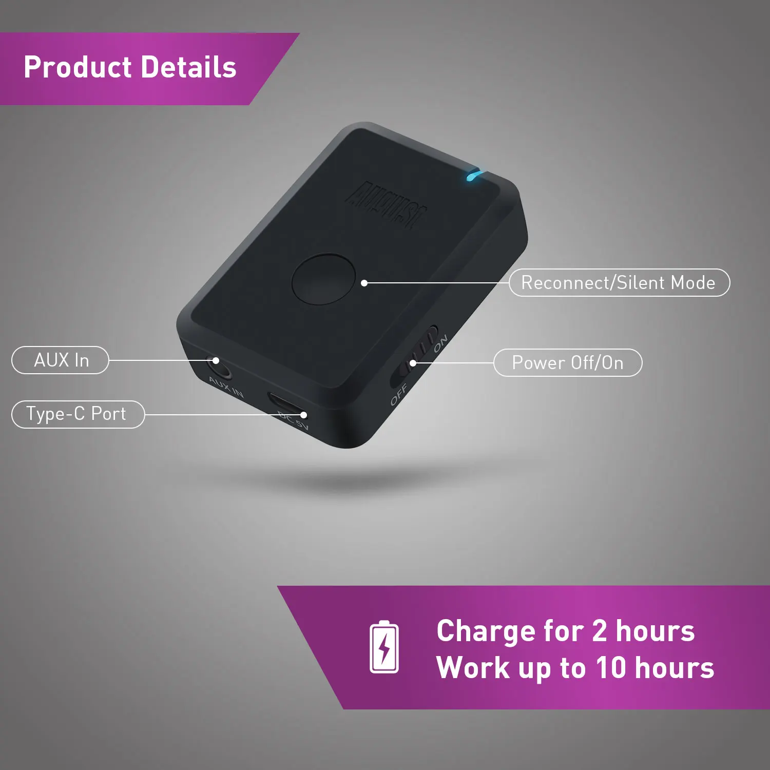 August MR250 Bluetooth Transmitter Bluetooth 5.2 and aptX Adapter for TV, Car Stereo With Rechargeable Battery USB-C Charging