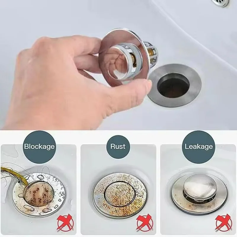 Universal Pop Up Drain Plug Anti-Clogging Hair Catcher Chrome Bathroom Sink Filter Stopper Push Type Bounce Core Basin Strainer