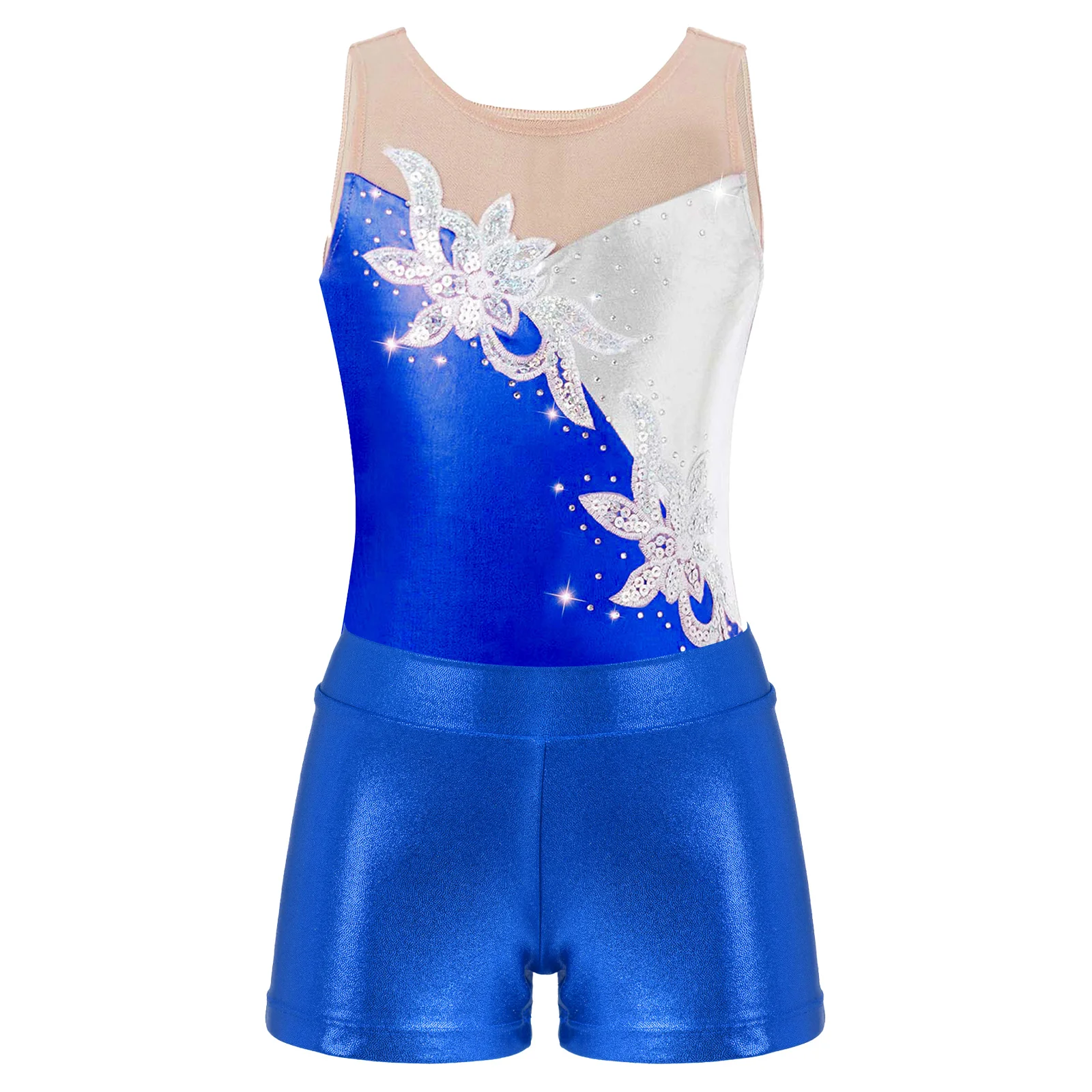 Two-piece Kids Girls Gymnastic Metallic Mesh Ballet Dancewear  Patchwork Glitter Sequin Diamonds Leotard with Shorts Stage Show