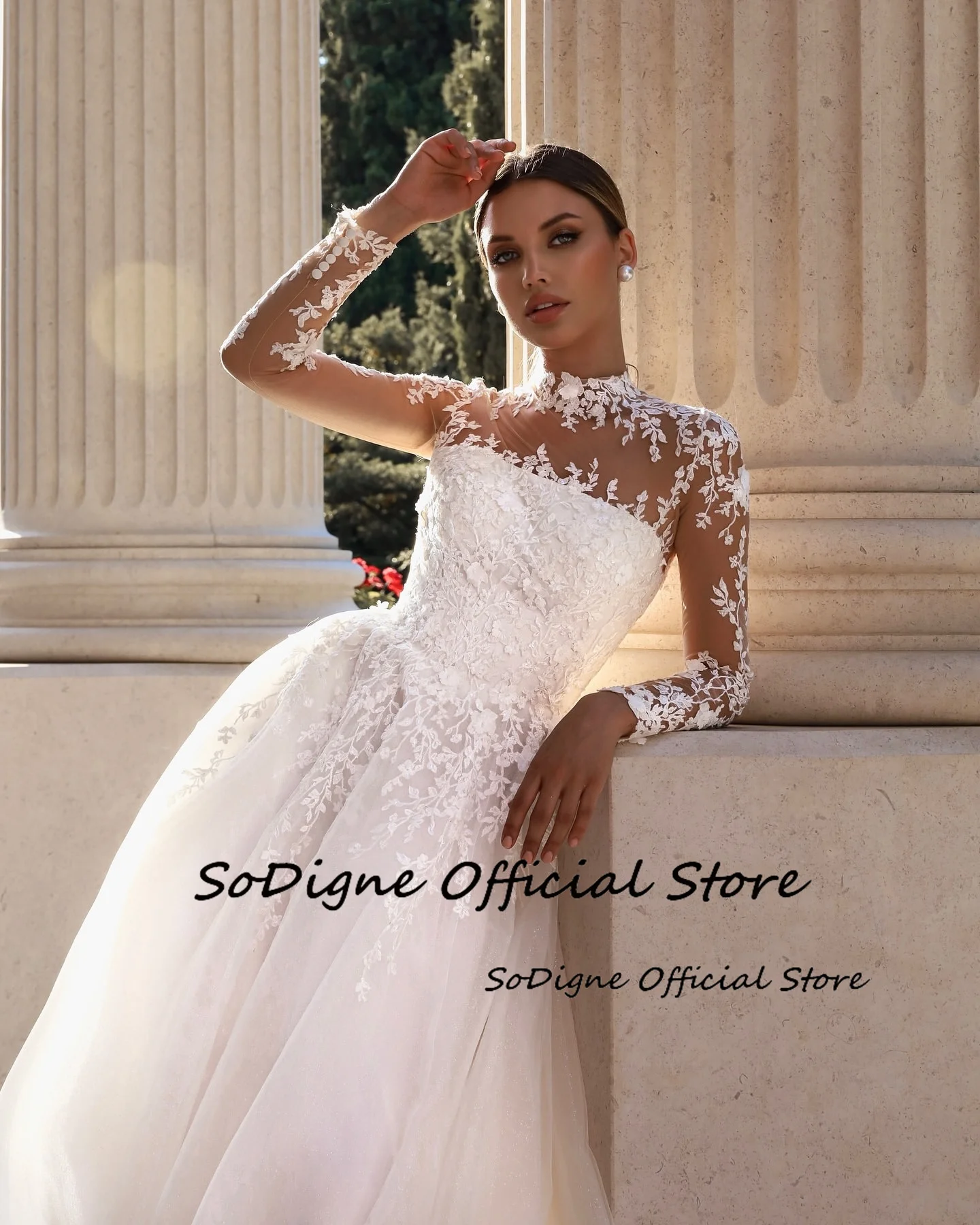 SoDigne A-line Appliques Wedding Dresses High Neck Full Sleeves Bridal Dress Long Wedding Gown Robe De Mairee ﻿Customized 2