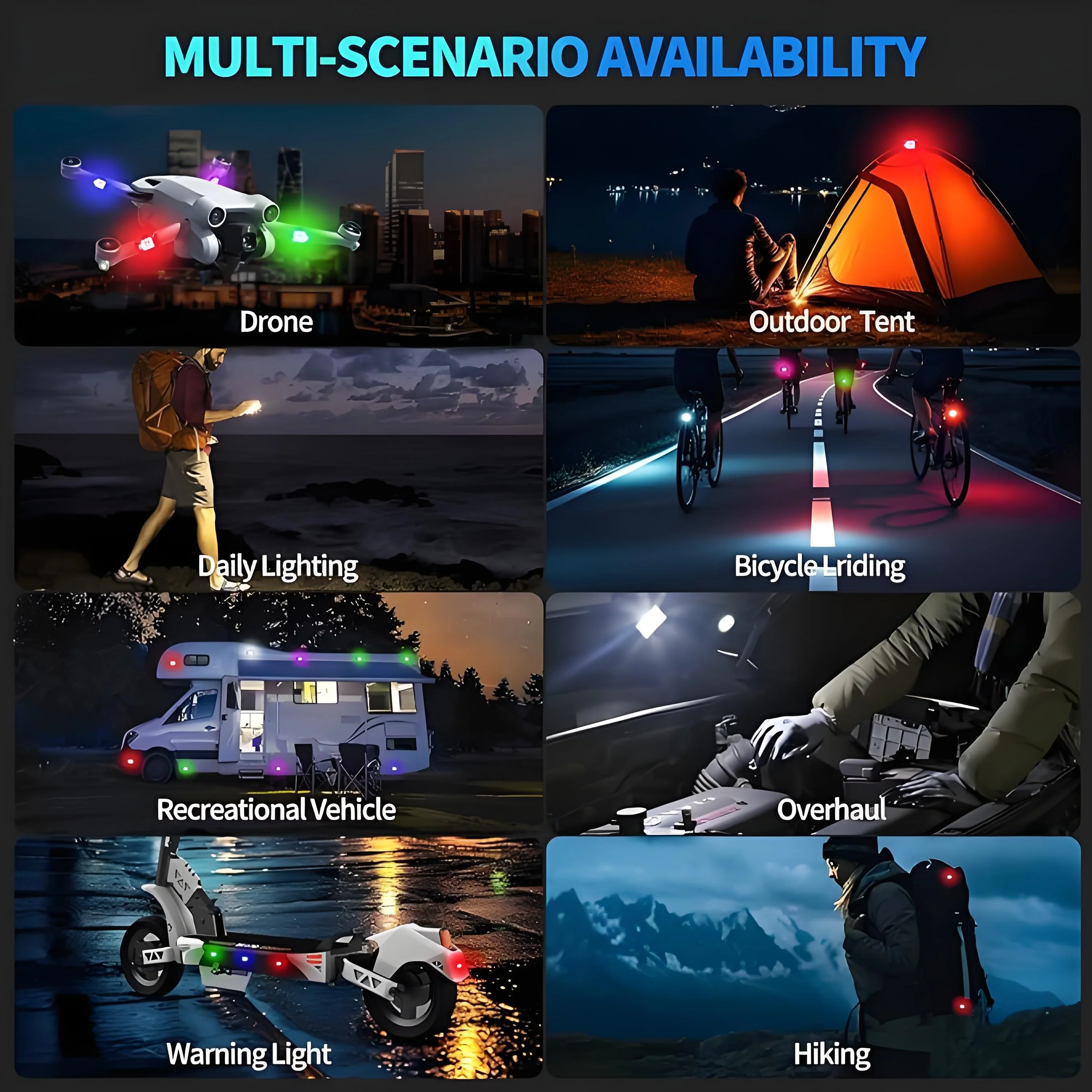 Lampe stroboscopique LED sans fil 7 couleurs avec télécommande fixée sur un drone, illuminant le ciel nocturne