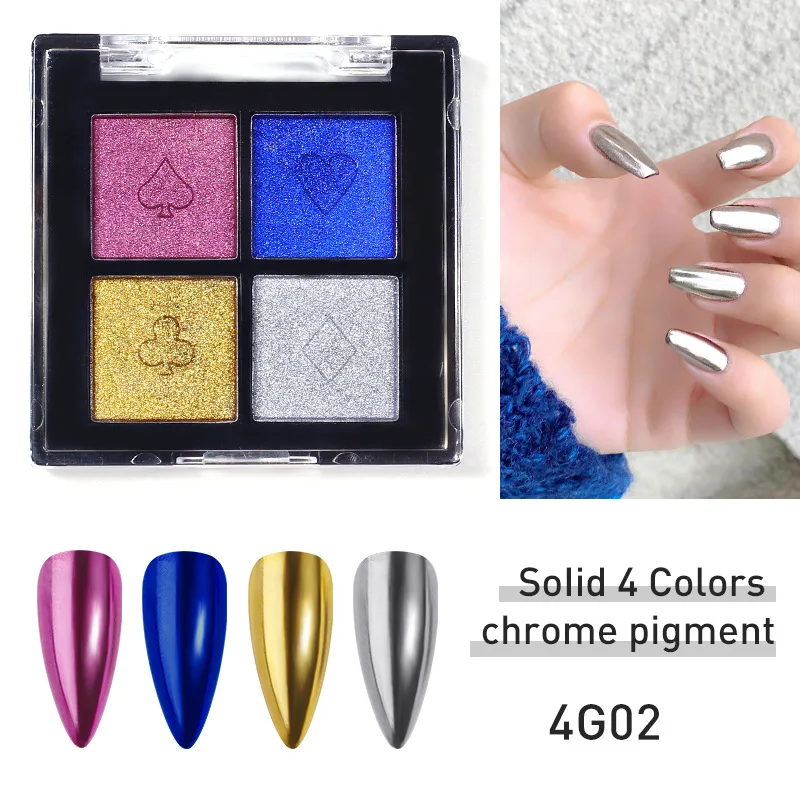 Polvo de efecto espejo sólido para uñas, paleta de polvo de uñas cromado para arte de uñas DIY con barra de sombra de ojos, 4 colores