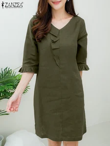 ZANZEA Summer Women V Neck 3/4 Sleeve Dress Casual Baggy Sundress Elegant Ruffles Hem Vestidos Beach Knee Length Robe Femme