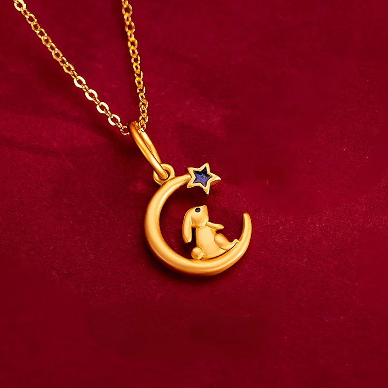 Fashion Real 24k Pure Gold Color Moon Rabbit Pendant Necklace for Women Bride Neck Chain Jewelry Wedding Engagement Fine Jewelry