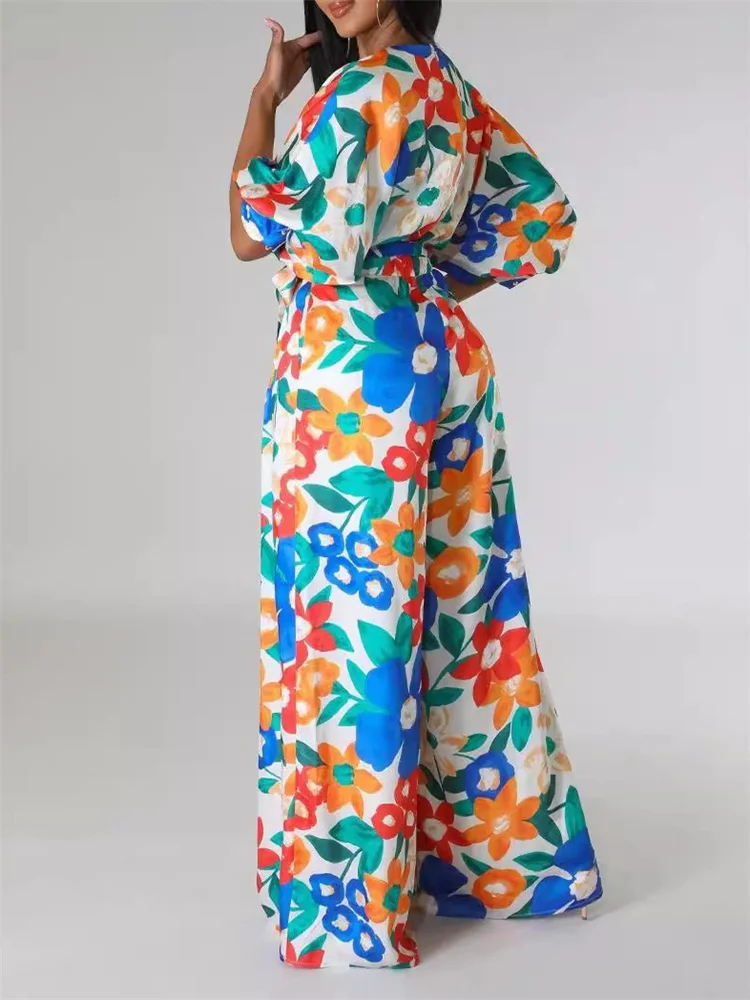 Wmstar Jumpsuit Women Summer V Neck Flower Print Color Sexy Loose Bandage Rompers Summer Wholesale Dropshipping 2024