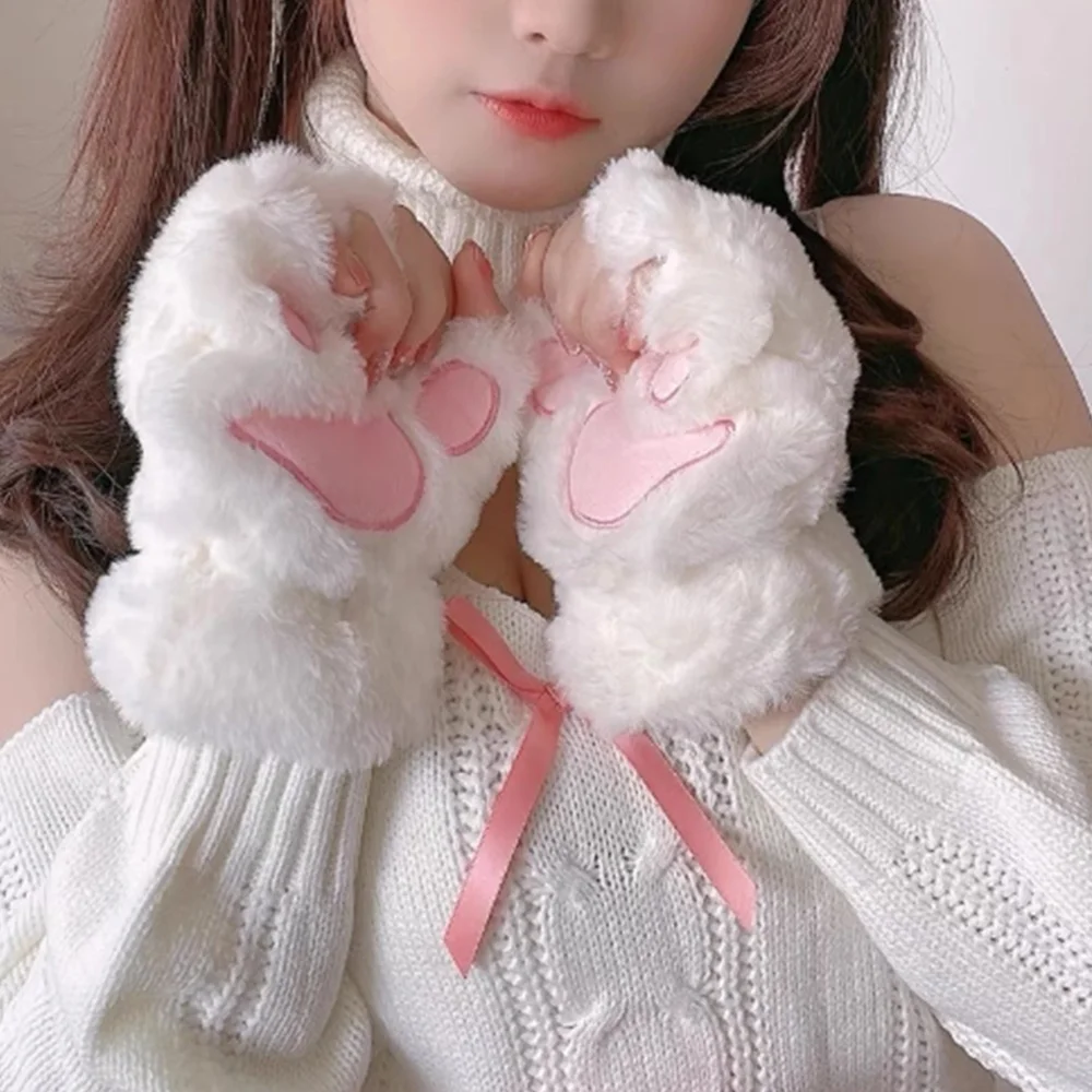 Cat Paw Gloves Plush Fingerless Panda Mittens Cute Cosplay Fluffy Cat Paw Claw Gloves Winter Warm Half Finger Christmas Gloves kawaii cute cat paw fluffy claw fingerless gloves warm soft plush women half finger plush mittens winter wear christmas gifts