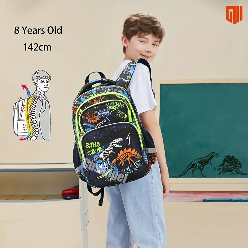 Luminous Dinosaur Backpack 3pcs Set Aged 6-12 Durable School Bag Spine Protection Schoolbag with Pencil Box Lunch Insulation Bag