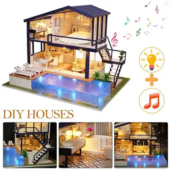 Doll House Kit Mini DIY Cottage Handmade 3D Puzzle Time Apartment Building Toy Home Bedroom Decoration with lights music 1