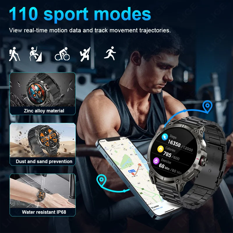 LIGE Super Durable 700mAh Large Battery Adult Mature Men Smart Watch Waterproof SmartWatch GPS Sports Tracker LED Flashlight Run 4