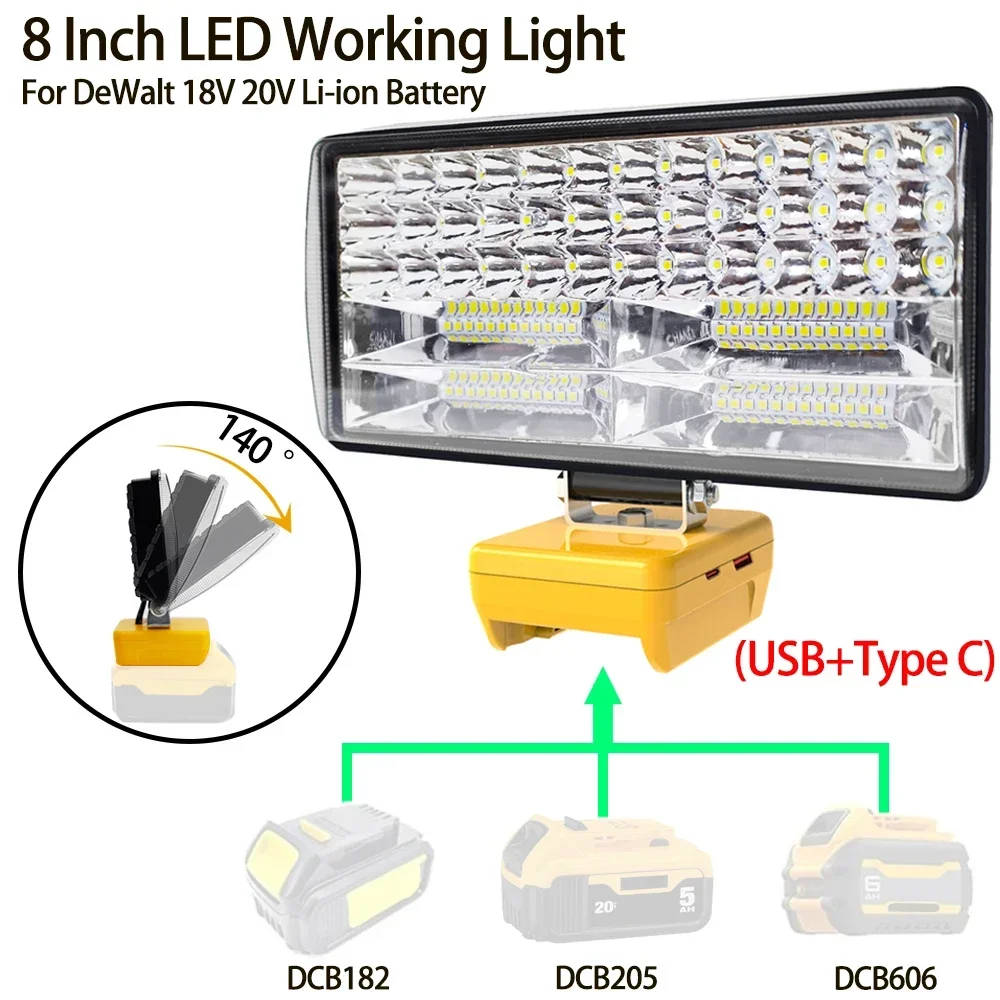 LED Flashlight LED Work Light Work Light 8 Inch Car LED Working Light Flashlight Electric Torch Spotlights for Dewalt DCB206 18V 20V Li-ion Battery Type C USB Power Bank
